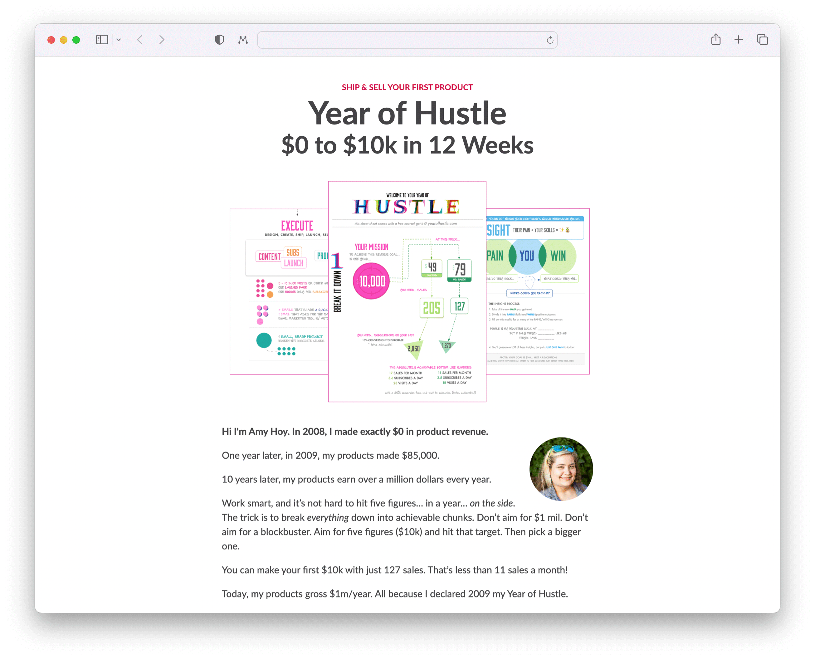 a very simple landing page, headline: Year of Hustle, $0 to $10,000 in 12 weeks, 3 overlaid screenshots from the cheat sheet, and some simple text