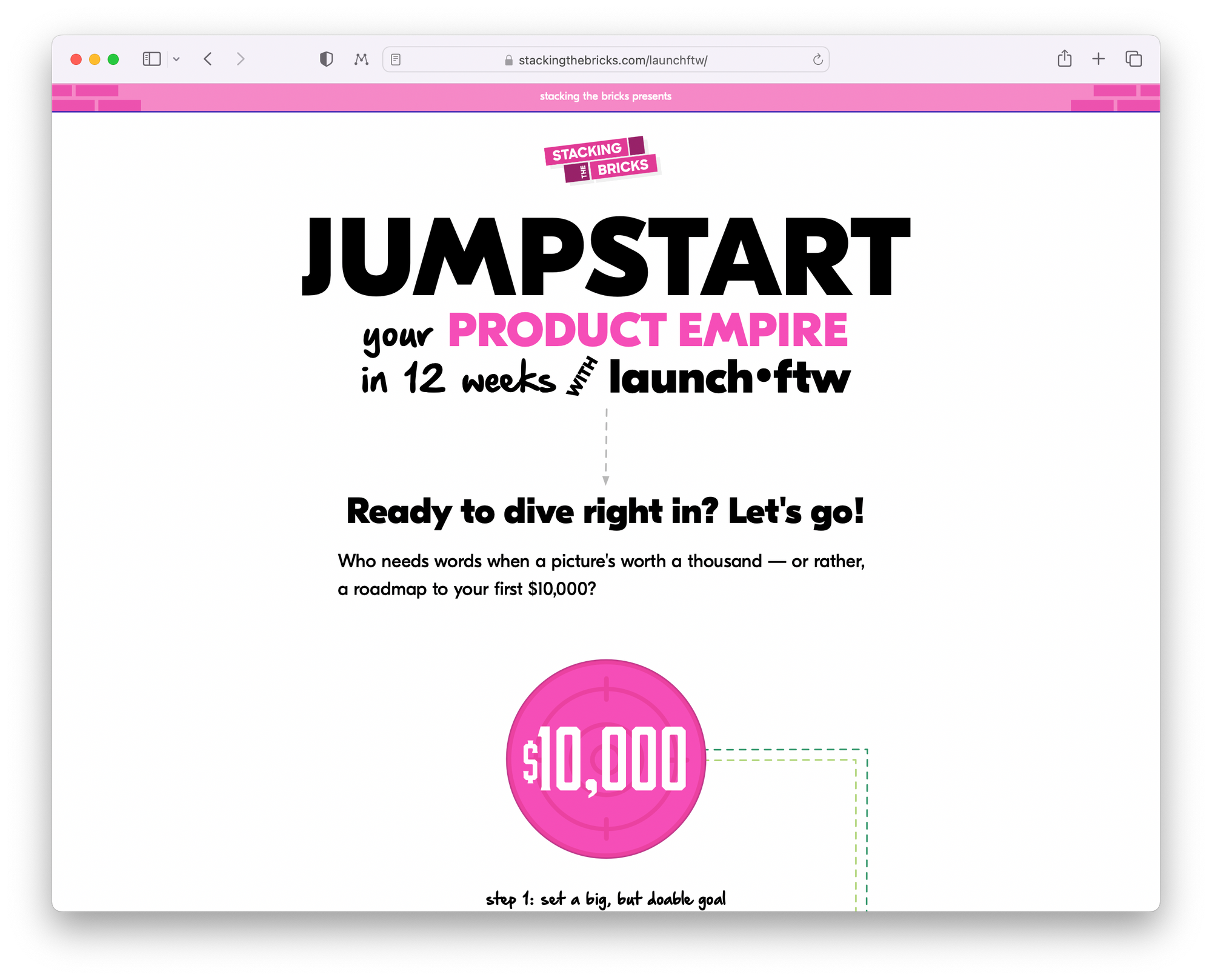 Well-designed new landing page with headline, nice typography, and a $10,000 bullseye graphic.