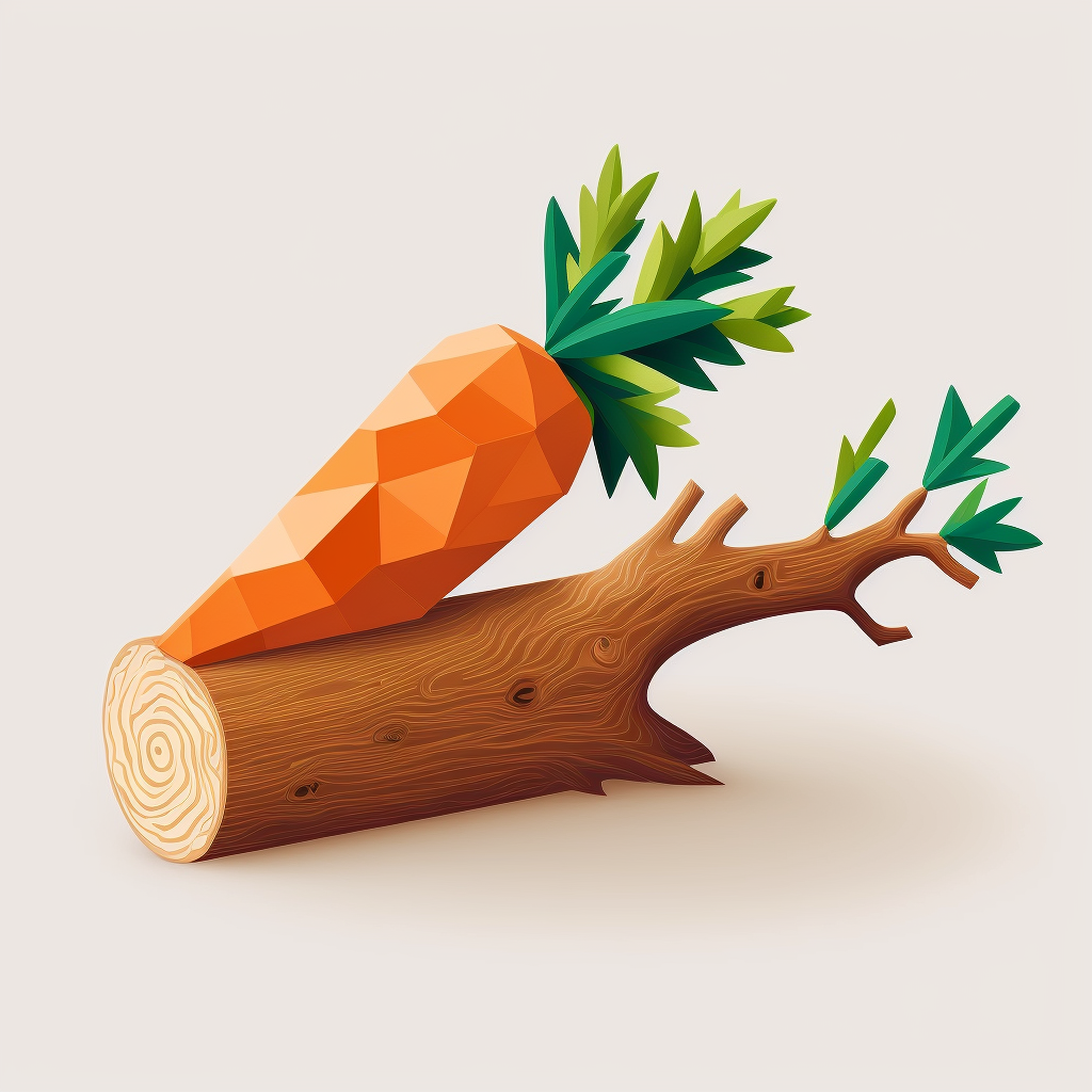 A 3D illustration of a stick (well, a bit more like a tree trunk) and a carrot 
