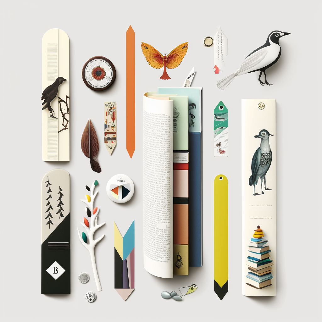 fantasy illustrated flat lay of objects which are all bookmark-adjacent, including leaves, feathers, moths, e